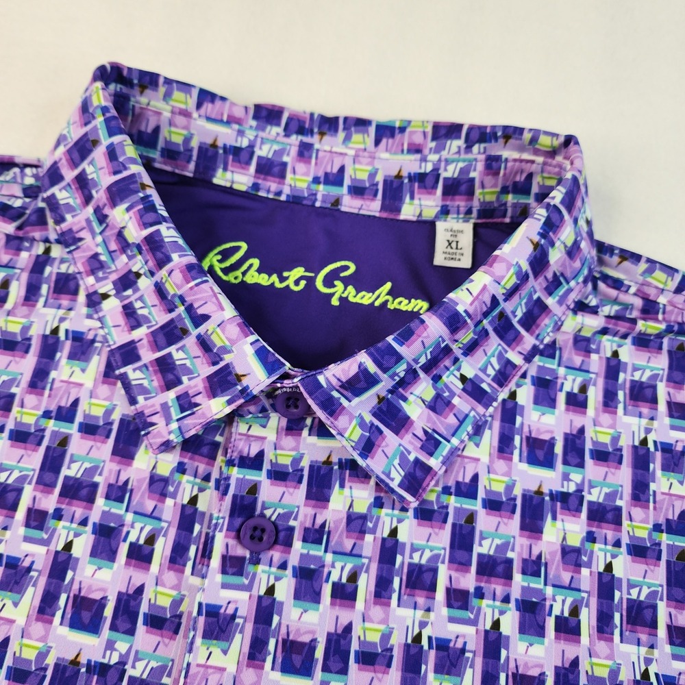 Robert Graham Polo Mens XL Purple Cocktail Geometric Print Classic Fit Stretch